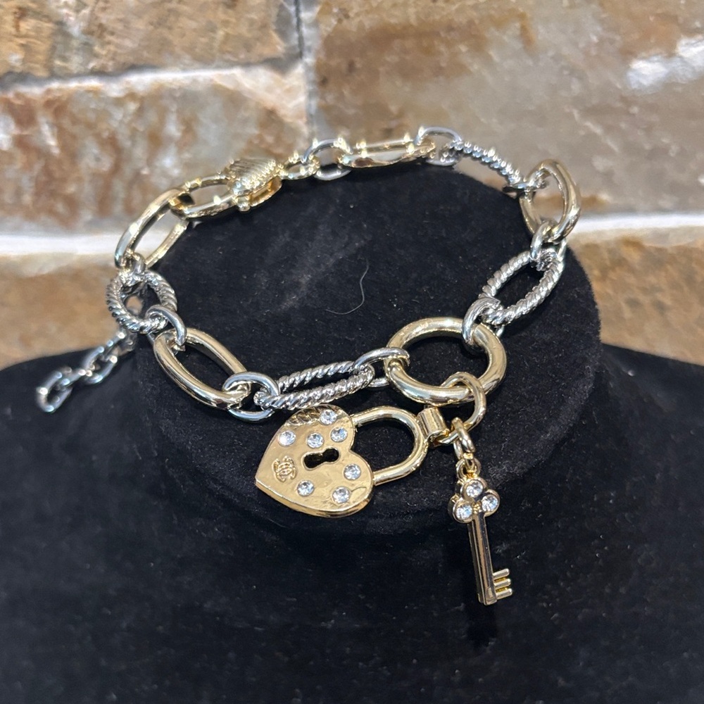 Gold Heart Designer CC Lock & Key Charm on a gold/silver chunky bracelet